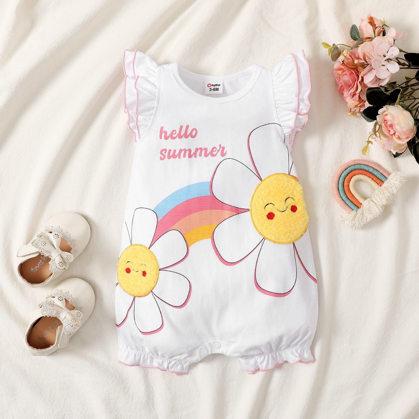 Little Wonders Children's Wear Jumpsuits Hello Baby Summer Fun Onesie with rainbows and flowers