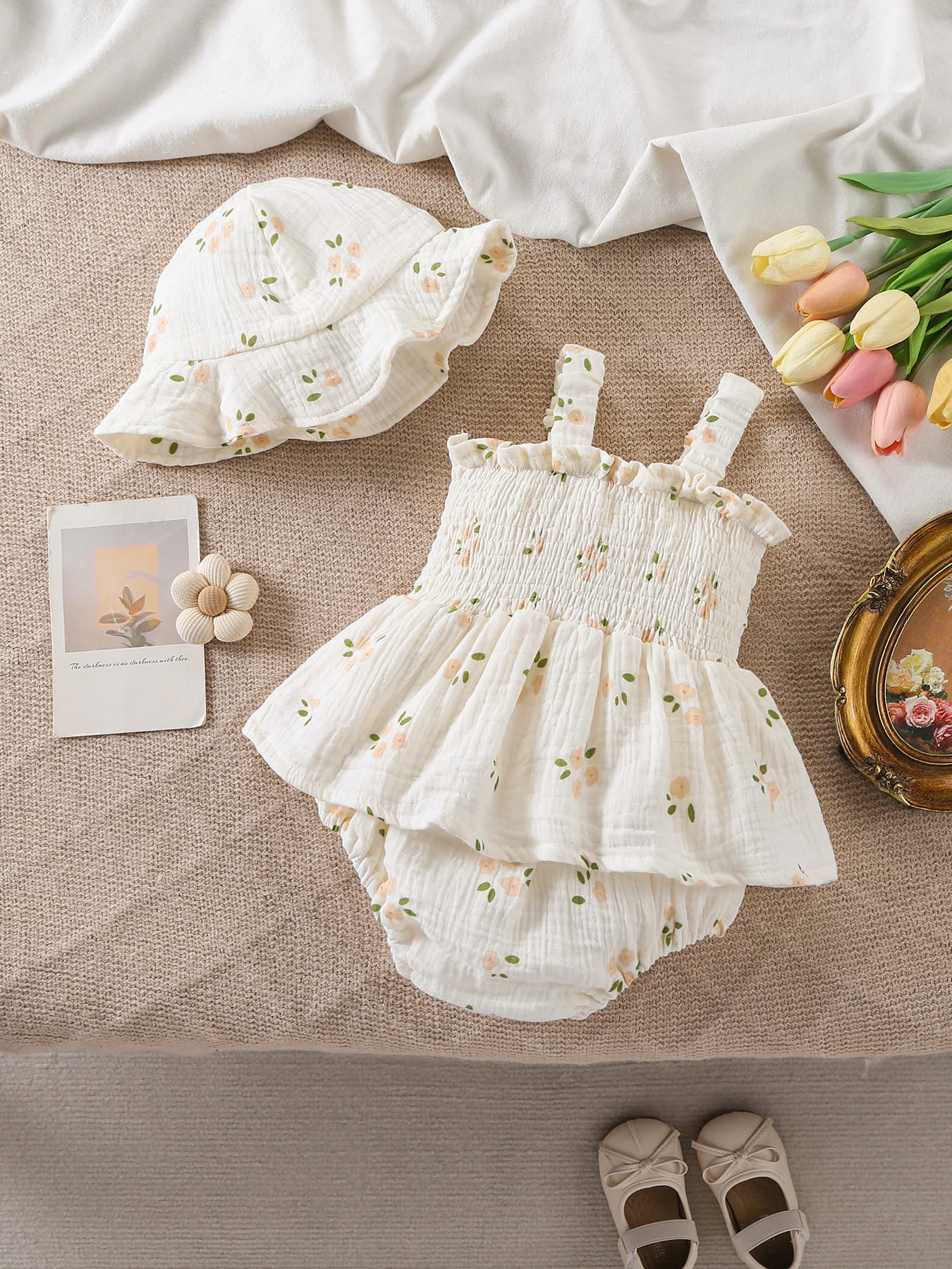LITTLE WONDERS CHILDREN'S WEAR Dresses Floral Smocked Romper Dress & Matching Sun Hat