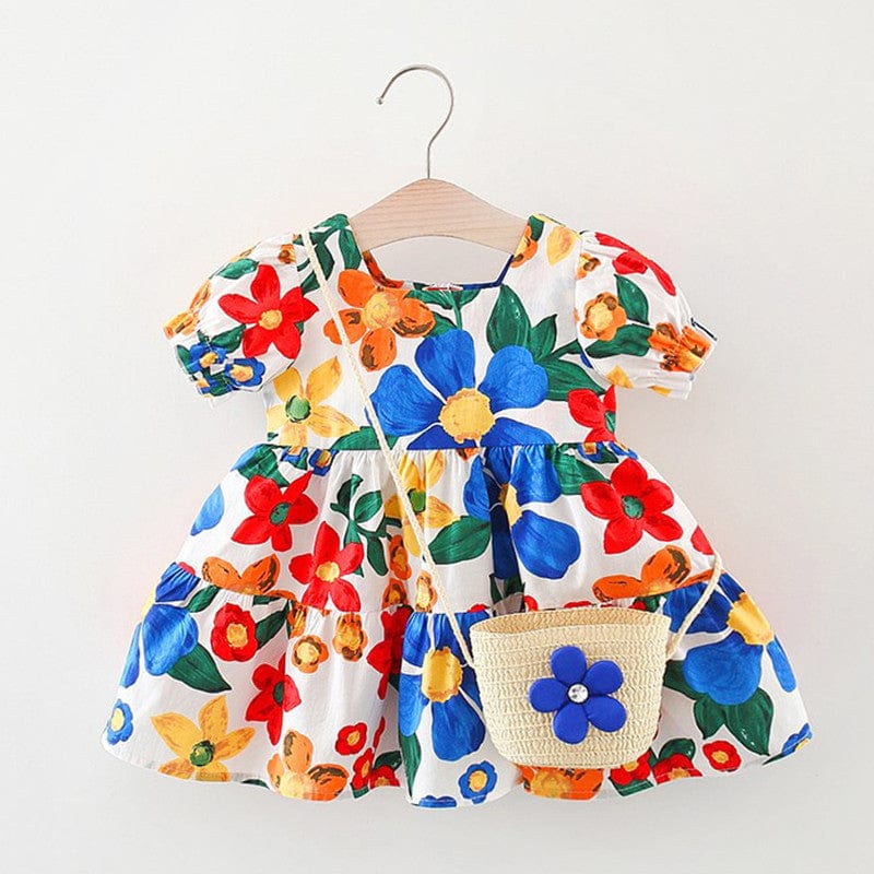 Little Wonders Children's Wear Dresses 6-9 months / Blue Colourful Flower Dress & Bag