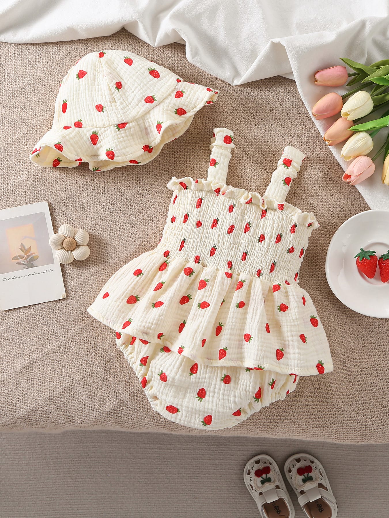 LITTLE WONDERS CHILDREN'S WEAR Dresses Strawberry Smocked Romper Dress & Matching Sun Hat