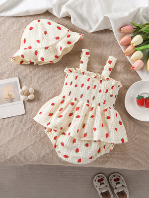 LITTLE WONDERS CHILDREN'S WEAR Dresses Strawberry Smocked Romper Dress & Matching Sun Hat