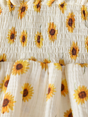 Sunflower Smocked Romper Dress & Matching Sun Hat