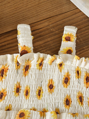 Sunflower Smocked Romper Dress & Matching Sun Hat
