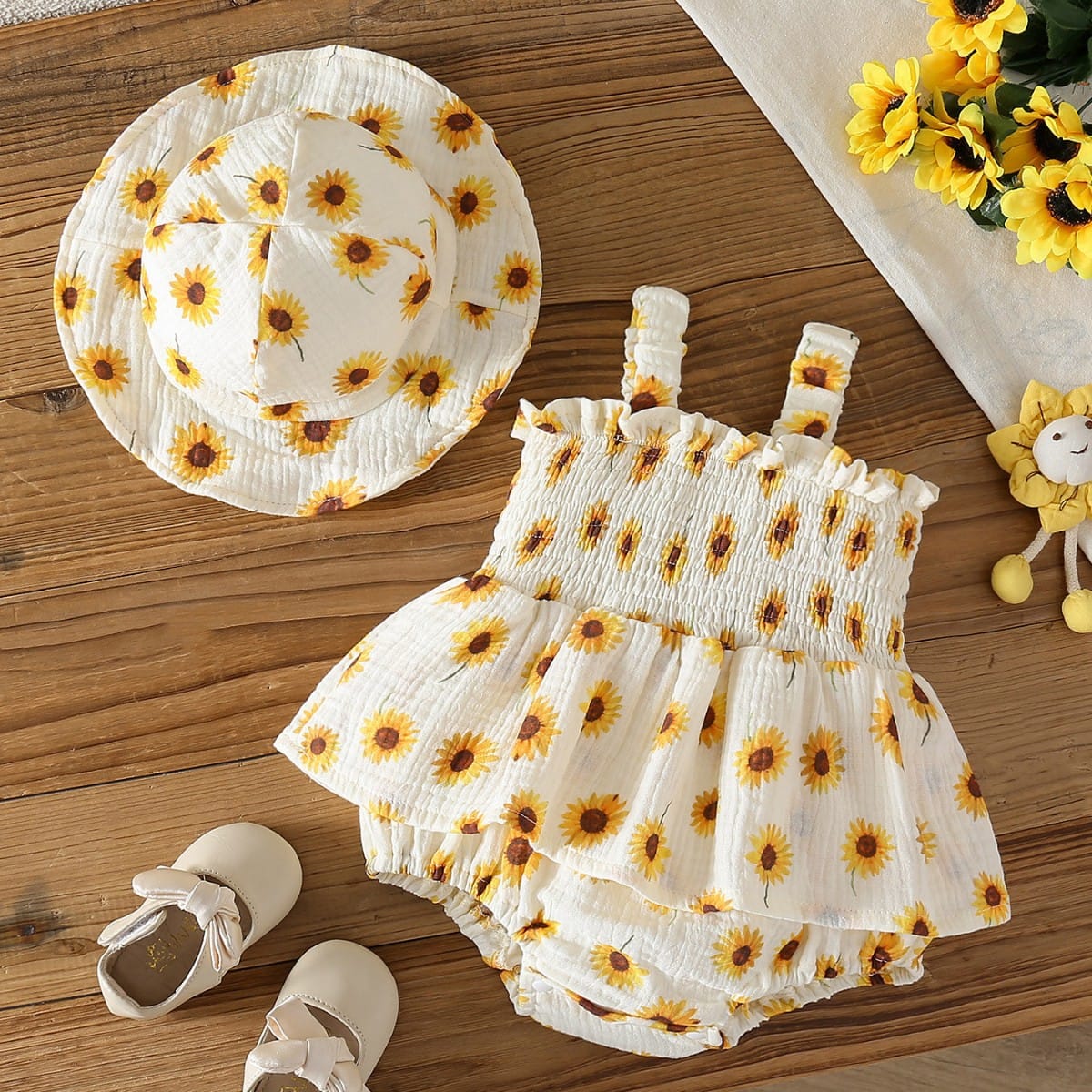 Sunflower Smocked Romper Dress & Matching Sun Hat
