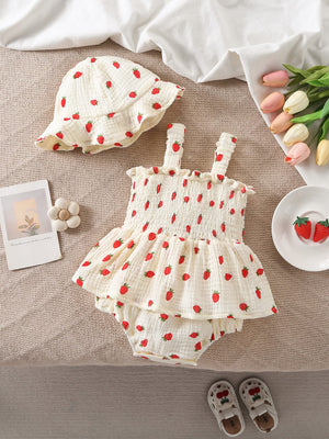 LITTLE WONDERS CHILDREN'S WEAR Dresses Strawberry Smocked Romper Dress & Matching Sun Hat