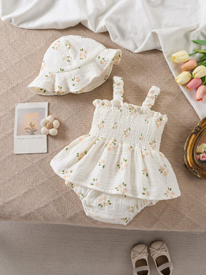 LITTLE WONDERS CHILDREN'S WEAR Dresses Floral Smocked Romper Dress & Matching Sun Hat