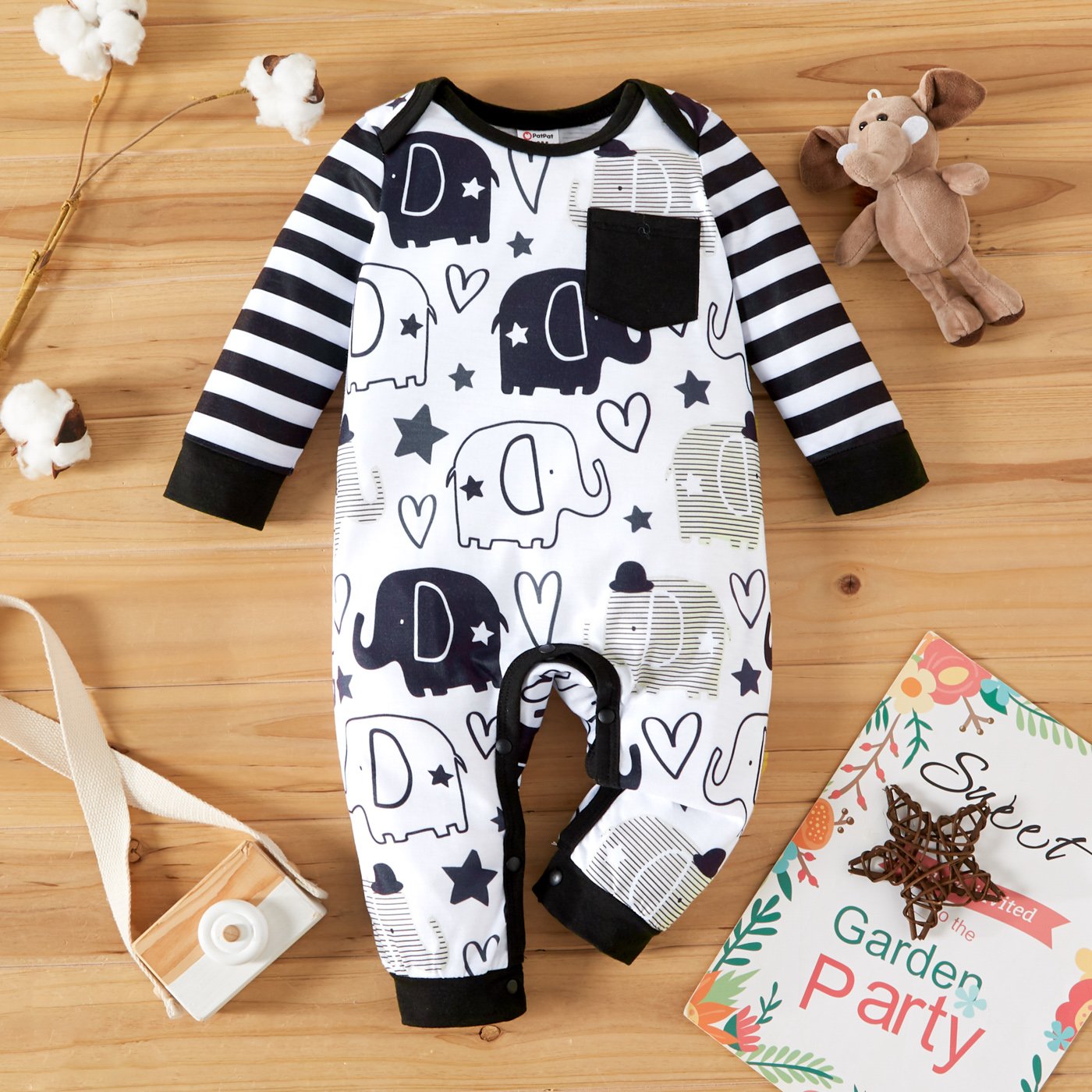Elephant & Heart Print Baby Jumpsuit